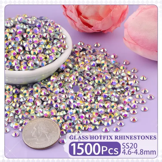1500Pcs Hotfix Rhinestones for Clothing, Crystal AB SS20 Iron On Flatback Glass Gems, Bedazzler Crystals Rhinestones for Crafting Clothes Hats Shoes Fabric Bedazzling {2}