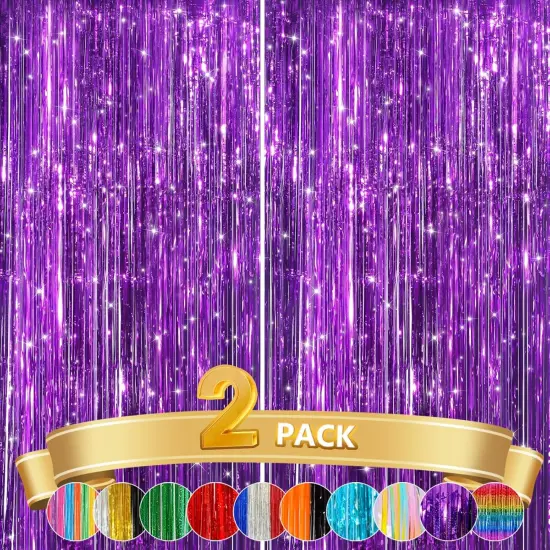 2 Pack Purple Metallic Tinsel Foil Fringe Curtains, Door Streamers Photo Booth Backdrop for Birthday Party, Tinsel Curtain Backdrop for Baby Shower Bachelorette Christmas Party Decorations {1}