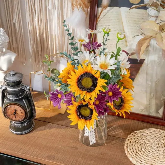 Artificial Faux Flowers in Vase for Home, Fake Flowers Arrangment with Pot, Sunflower Silk Daisy Bouquet for Fall Spring Decor Coffee Table Dinning Room Kitchen Centerpiece Table Decorations {3}