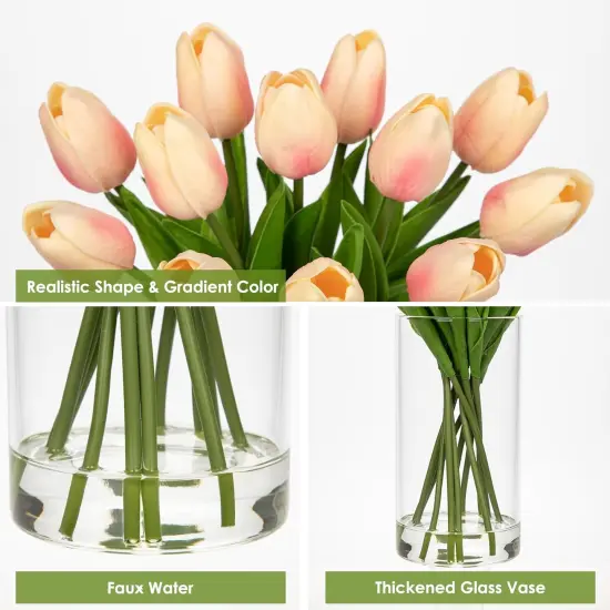 12 Pcs Artificial Real Touch Tulips Flowers in Glass Vase with Faux Water, Tulips Fake Arrangements Pink Tulips with Vase for Dining Table Home Decor Wedding Centerpieces {3}