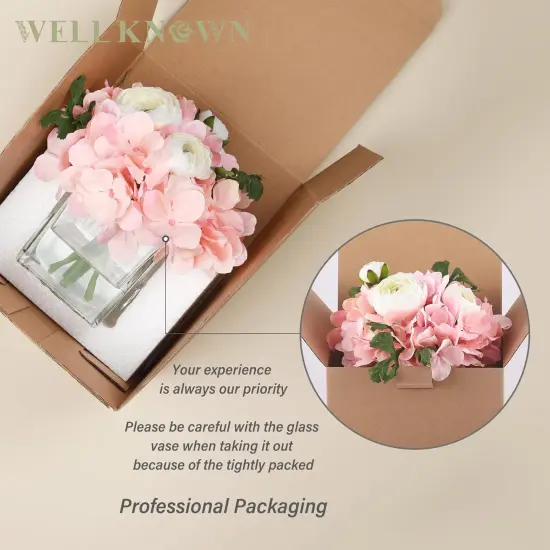 Fake Hydrangea Ranunculus Flowers in Vase, Artificial Flowers with Vase, Faux Silk Flowers in Vase Centerpiece for Home Office Hotel Wedding Party Dining Table Decor & Gift (Pink) {4}