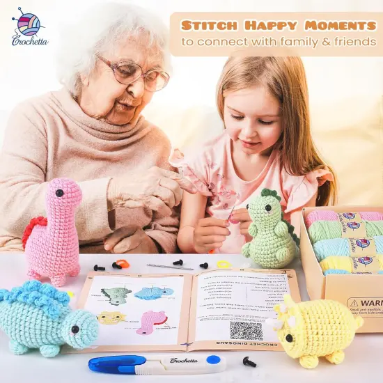 Crochet Kit for Beginners, Beginner Crochet Kit for Adults with Step-by-Step Video Tutorials, DIY Crochet Animal Kits Kids Knitting Supplies, 4 Pack Dinosaurs (40%+ Yarn) {4}