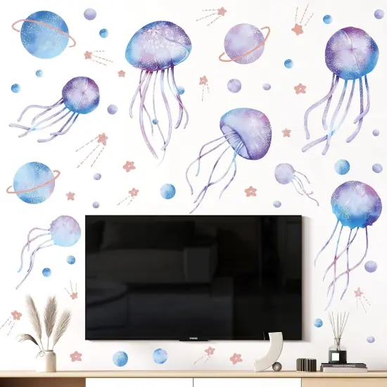 4 Sheets Starry Sky Jellyfish Wall Sticker Glow in The Dark Wall Stickers Planet Blue Luminous Wall Decals DIY Peel Stick Art Decor for Walls Ceiling Kids Bedroom Living Room Nursery Girls and Boys (Blue) {3}