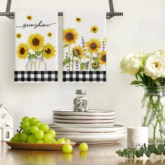 Buffalo Plaid Sunflowers Sunshine Summer Kitchen Towels Dish Towels, 18x26 Inch Farmhouse Summer Decoration Hand Towels Set of 2 {2}
