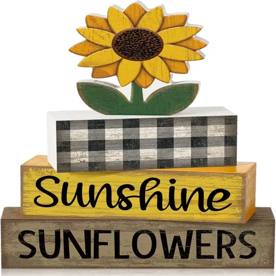 4 Pcs Summer Sunflower Decorations Sunflower Wooden Sign Sunshine Table Centerpiece Summer Tiered Tray Decor Decorative Faux Book Stack Block for Coffee Table Fireplace Mantel Floating Shelf {1}