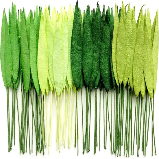 50 pcs. Mixed Tone Green Grass Leaves with Wire Stems 8 mm Mulberry Paper Leaves Craft Supplies Scrap Booking Embellishments for so Many Card Craft Projects {1}