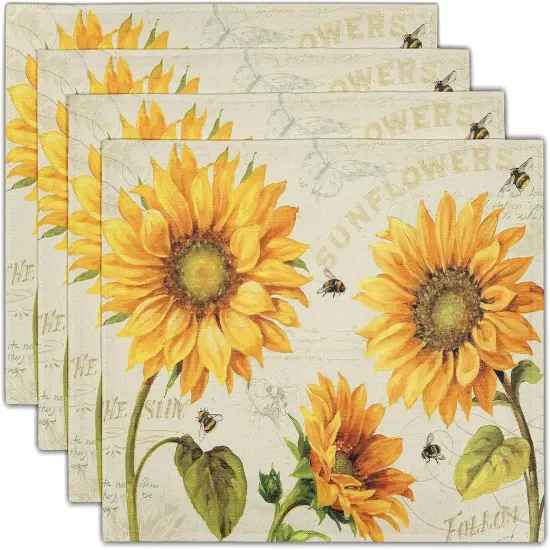 Summer Vintage Sunflower Placemats Set of 4 - Yellow Grunge Flower Farmhouse Tablemats Linen Fabric, Heat-Resistant Washable Stain Proof Place Mats for Dining Table Decoration {1}