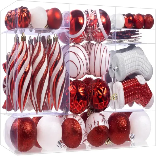 87Pcs Christmas Ball Ornaments Set, Assorted Shatterproof Hanging Tree Decorative for Xmas Tree Holiday Party and Home Decor (Red & White) {1}
