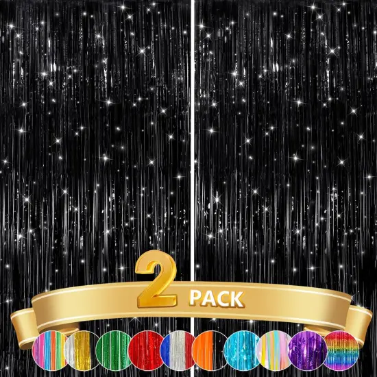 2 Pack Black Metallic Tinsel Foil Fringe Curtains, Door Streamers Photo Booth Backdrop for Birthday Party, Tinsel Curtain Backdrop for Baby Shower Bachelorette Christmas Party Decorations {1}