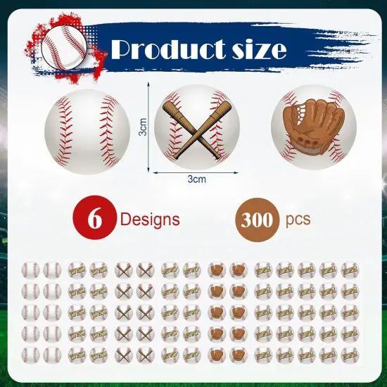 300 Pcs 12 Sheets Baseball Helmet Stickers 1.18 Inch Waterproof Round Helmet Vinyl Decals for Baseball Helmet Award Laptop Water Bottle Scrapbook Sport Party {2}