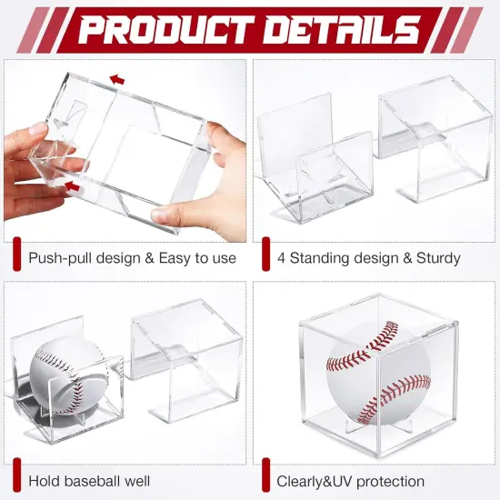 Baseball Display Cases for Balls, Acrylic Baseball Holder Clear UV Protected Cube Autograph Storage Box for Official Size Standing {4}