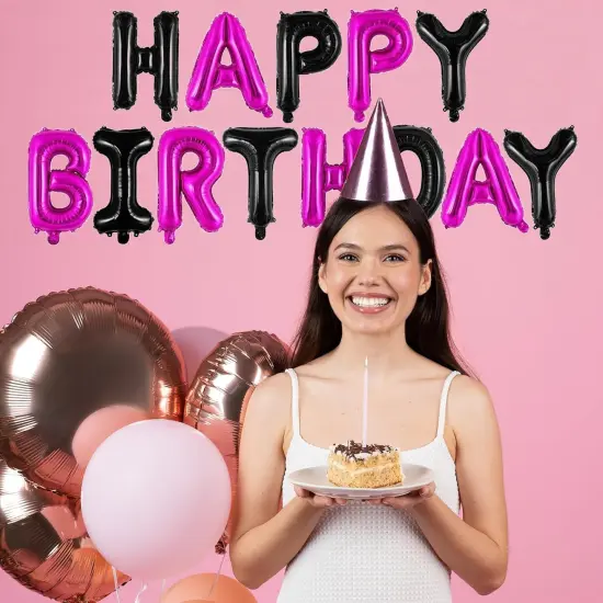 16 Inch Black & Hot Pink Happy Birthday Balloons Banner {4}