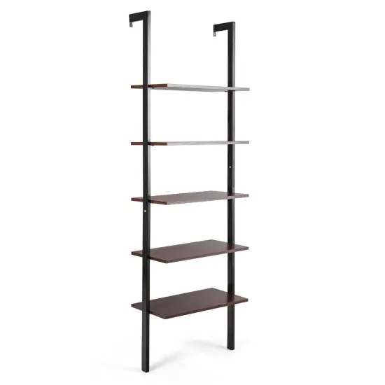 Steel Ladder Bookshelf, 5-Tier Wall-Mount Shelf Organizer for Home Dark Brown {8}