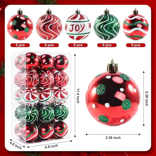 30 PCS Christmas Balls Ornaments, 2.36'' Red Green White Christmas Balls, Shatterproof Xmas Balls Decoration for Christmas Tree, Painting & Glittering Christmas Hanging Ball for Party Event {5}