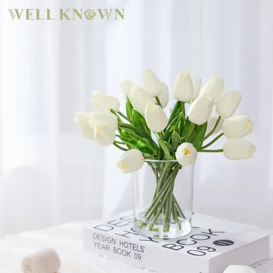 20 Pcs White Tulips Artificial Flowers in Vase, Fake Flowers in Glass Vase, Real Touch Fake Tulips Artificial Flowers in vase with Faux Water for Home Decoration, Dining Table {3}