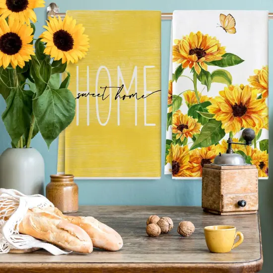 Sunflower Kitchen Towel Home Sweet Home Floral Dish Towel Spring Summer Flower Butterfly Hand Drying Tea Towel for Seasonal Cooking Baking Cleaning, 18 x 28 Inch, 2 Packs {5}