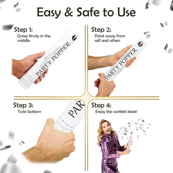 12" Biodegradable Confetti Cannons | 6 Pack | Silver Mylar Poppers for Weddings, Birthdays & Events | Air-Powered, Safe & Easy to Use | Shoots 25 Feet for Indoor & Outdoor Celebrations {1}