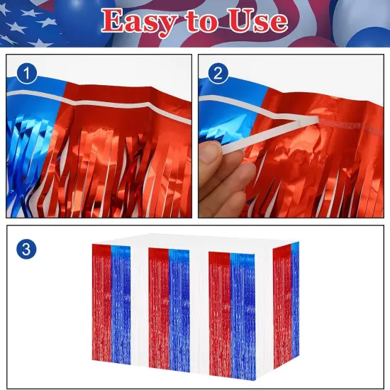 2 Packs Red White Blue Table Skirts, 4th of July Decorations Foil Fringe Curtain Tinsel Desk Skirt for America Patriotic Party,Memorial Day,Independence Day,Labor Day Decor {2}