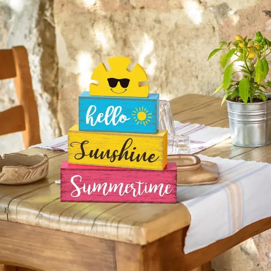 Summer Table Decor Hello Sunshine Wooden Block Sign Farmhouse Summertime Beach Tiered Tray Decor Rustic Table Centerpieces Summer Decorations for Home Desk Shelf Mantle Office Decorations {5}
