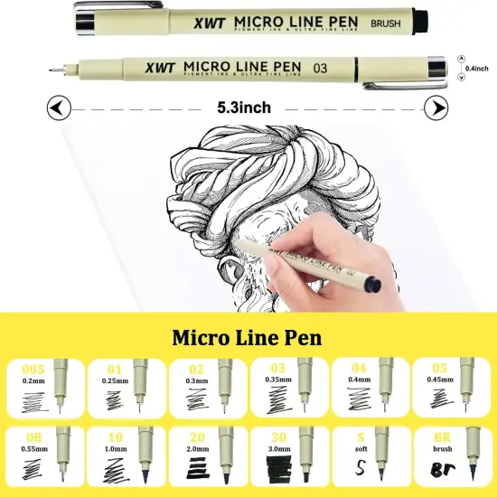 Micro Fineliner Pens 12 Size/Set, Ultra Fine Fineliner Pen, Chisel Pens, Brush Marker Pen, Water-based Black Pigment Ink, Drawing Journaling Doodle Supplies for Artists, Designers, Students {2}