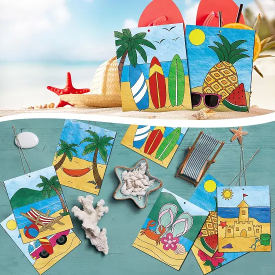 24 Pcs Large Summer Unfinished Wood Crafts to Paint, Predrilled Beach Coconut Surfboard Wooden Slices with Rope Hawaii Coloring Ornament Crafts for Summer DIY Home Party Activities {5}