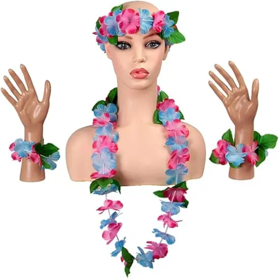 Hawaiian Hula Leis sets Artificial Flowers Fabric Wreath Neck Loop Wristband Headband Dance Garland Leis Sets for Luau Party Costumes (6 sets;24 Pack) {4}