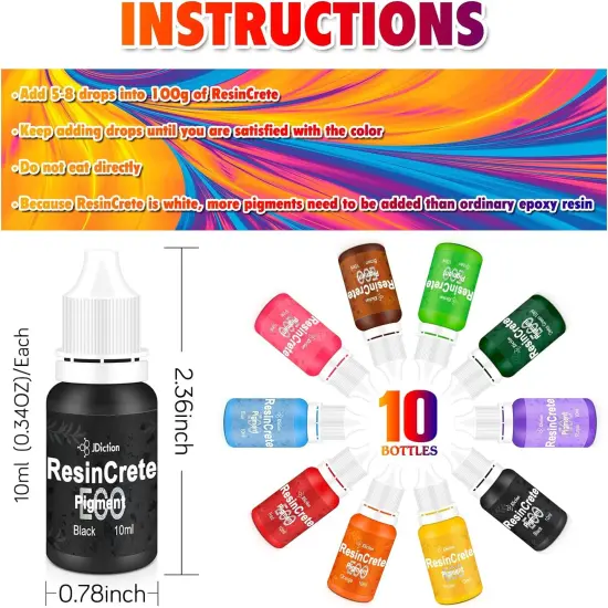 JDiction ResinCrete Pigment, 10 Color Highly Concentrated ResinCrete Dye for DIY Jewelry Making, Vivid Color Premium Quality Easy to Use for Paint, Craft-10ml Each {3}