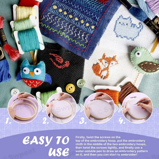 212Pcs Embroidery Kit, Stitch Kits Include 100 Colors Threads, Aida Cloth, Sewing Pins, Floss Bobbins, Embroidery Needles, Bamboo Embroidery Hoops, The Shell of a Pen with Erasable Refill {1}