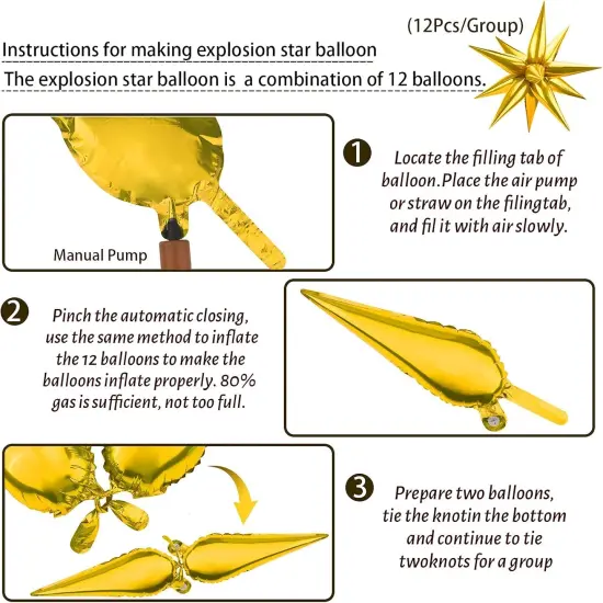 60 PCS Gold Star Balloons, 12 Point Spike Explosion Star Foil Balloons for Birthday, Wedding, Graduation Decorations Anniversary Backdrop (Gold) {3}