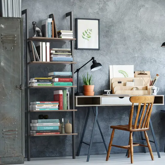 Steel Ladder Bookshelf, 5-Tier Wall-Mount Shelf Organizer for Home Dark Brown {4}