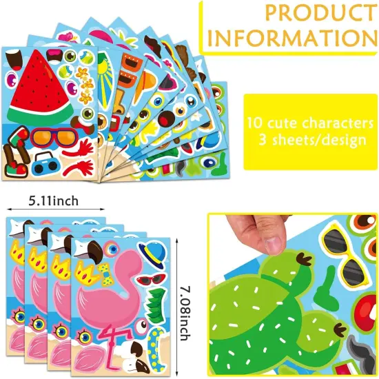 30 Sheets Hawaii Make a Face Sticker Summer Pool Beach Stickers for Kids Make Your Own Watermelon Pineapple Flamingo Stickers for Tropical Luau Craft Party Decor Sticker Summer Holiday Party Favors {2}