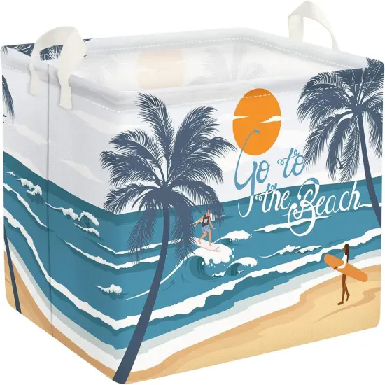 Summer basket Tropical Beach Camping Picnic Basket Blue Coconut Tree Gift Storage Bin Sun Sea Towel Blanket Book Shelf Basket Large Rectangle Clothes Toy Kid Basket {1}