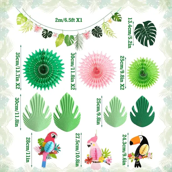Green Pink Hanging Paper Fans for Tropical Party Decorations Tropical Bird Toucan Leaf Garland Party Kit for Summer Hawaiian Luau Tiki Tropical Jungle Themed Party Decorations {2}