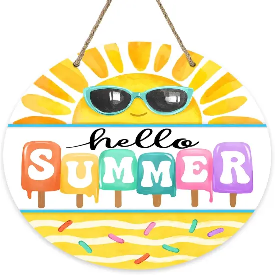 Hello Summer Sun Sunshine Front Door Sign, Popsicle Sunglasses Yellow Wood Door Hanger Outdoor Outside Porch Decor, Seasonal Wooden Wreath Indoor Wall Hanging Decoration {1}