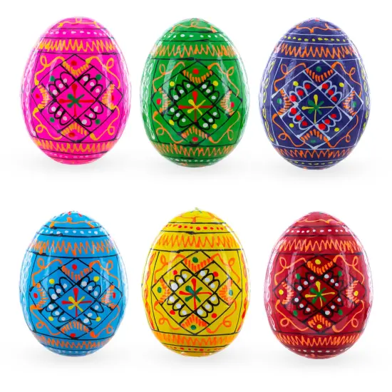 Set of 6 Ukrainian Geometric Wooden Easter Eggs 2.5 Inches {1}