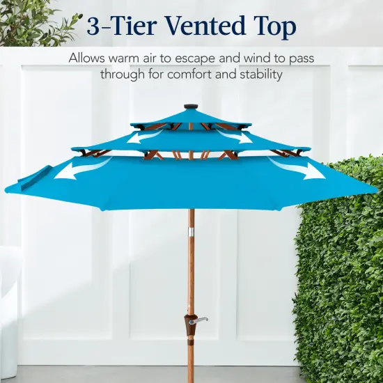 Best Choice Products Woodgrain Pattern 10ft 3-Tier Solar Patio Umbrella w/ 24 LED Lights, Tilt Sky Blue {4}