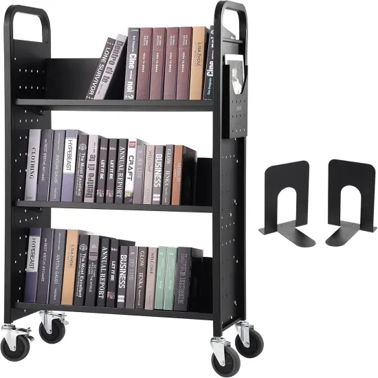 Library Book Storage Cart Book Shelf Book Organizer Trolley with 3 Flat Shelves {1}