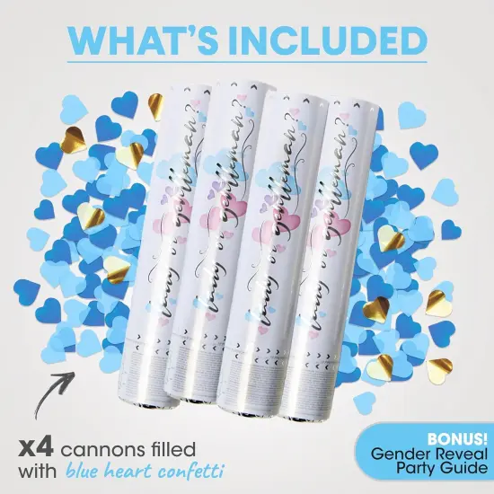 Gender Reveal Confetti Cannon - Heart Shaped Confetti Poppers - Blue 4 Pack - Baby Boy Gender Reveal Party Poppers Party Cannons Shooter Blaster {3}