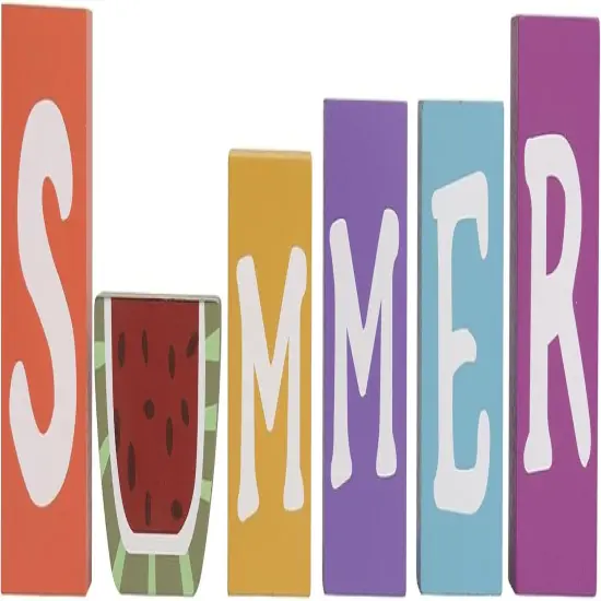 Summer Signs For Home Decor, 6 Pieces Wooden Summer Letter Blocks, Indoor Table Shelf Mantel Tiered Tray Decoration {1}