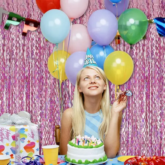 Pink Streamers Fringe Backdrop Tinsel Foil Fringe Curtains Wavy Backdrop for Parties Sparkle Metallic Wavy Foil Fringe Backdrop Curtain Photo Booth Props for Birthday Wedding {5}