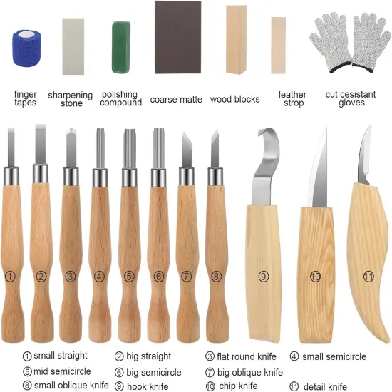 22-in-1 Wood Carving Tools Kit With 11 Wood Carving Knives & 4 Basswood Blocks, Cut Resistant Gloves & Accessories, Perfect for Beginners {2}