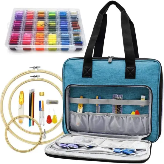 Full Range Embroidery and Cross Stitch Starter Kit with Premium Storage Organizer Bag, Includes 99 DMC Coded Cotton Threads, 9 Metallic Floss, 3 Hoops, Needles, Scissors + More (Turquoise) {1}