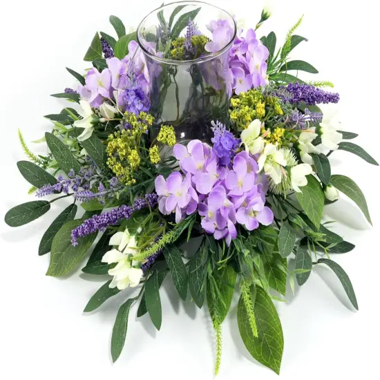 Hydrangea Floral Candle Holder Centerpiece &ndash; Artificial Silk Flowers with Glass Votive for Dining Table, Coffee Table, Fireplace Mantel, Wedding & Party Decor, Spring & Summer Home Decoration {1}