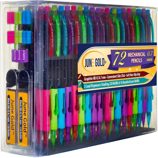 72 Mechanical Pencils, 0.7 mm HB Lead, 2 Lead Dispensers with 220 Refills & 16 Erasers, Break Resistant, Convenient Side Click & Soft Non-Slip Grip {1}