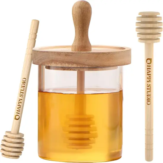 Honey Pot - Honey Jar and Dipper Set - Glass Honey Jar with Dipper - Honey Dipper Stick and Jar Set - Glass Honey Dispenser No Drip - Honey Container with Dipper- 2 Wooden Honey Dippers - 13 Oz {1}