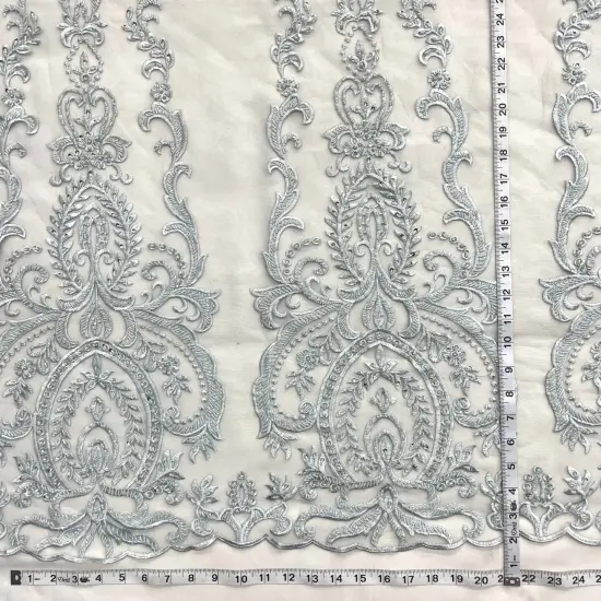 1 Yard Luxurious Beaded and Corded Bridal Lace Fabric Embroidered on 100% Polyester Net Mesh Blush 54" Width Plum {7}