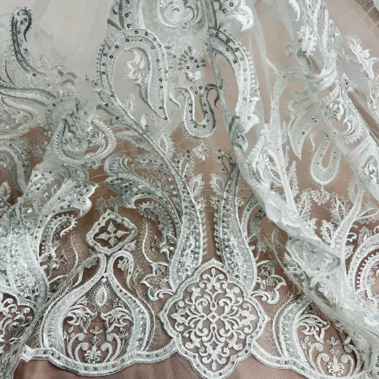 1 Yard Gold Beaded Lace Fabric Embroidered on Polyester Mesh, 50" Wide Decorative Fabrication White {4}