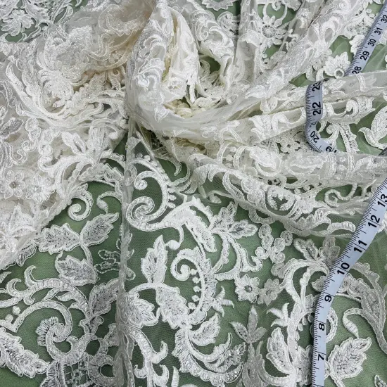 1 Yard Beaded Corded Bridal Lace Fabric on 100% Polyester Net Mesh, 53" Wide, Elegant Embroidered Design Silver {4}