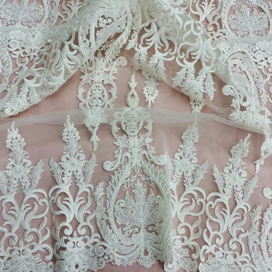 1 Yard Beaded & Corded Bridal Lace Fabric on 100% Polyester Net Mesh, Embroidered Lace Fabric, 51" Width White {5}