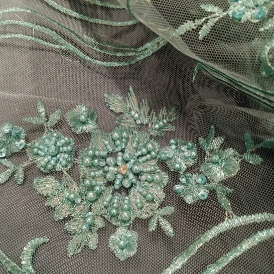 1 Yard Elegant Beaded Lace Fabric Embroidered on 100% Polyester Net Mesh 51 inch Width Jade {1}
